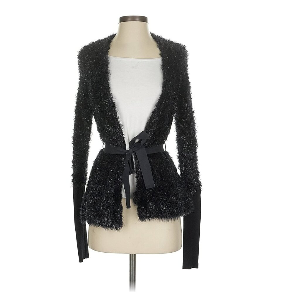 BCBGMAXAZRIA Wool Blend Shimmery Soft Cardigan with a Sash Around Waist